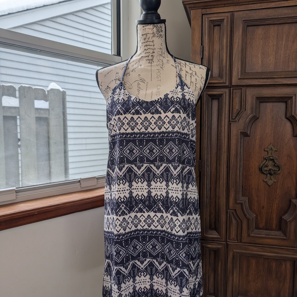 Navy and White Patterned Backless Shift Dress
